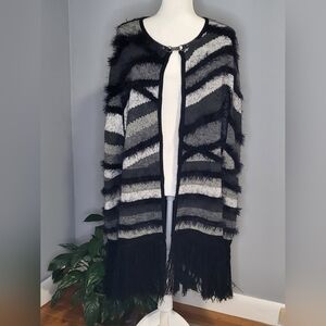 BCBGMaxAzria Soft Abstract Knit Poncho Cape with Black Fringe Detail - Size S/M